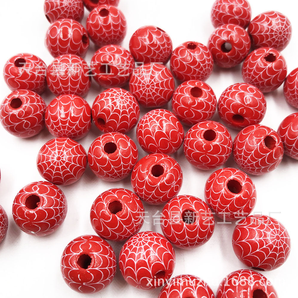 Wholesale 20PCS Halloween Christmas Spider Web Grimace Colorful Wooden Beads